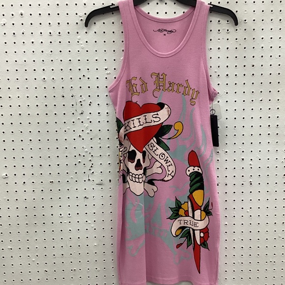 Ed Hardy Design Sleeves Short Dress, Size Medium, Color Pink Multi Color NWT - Picture 2 of 3